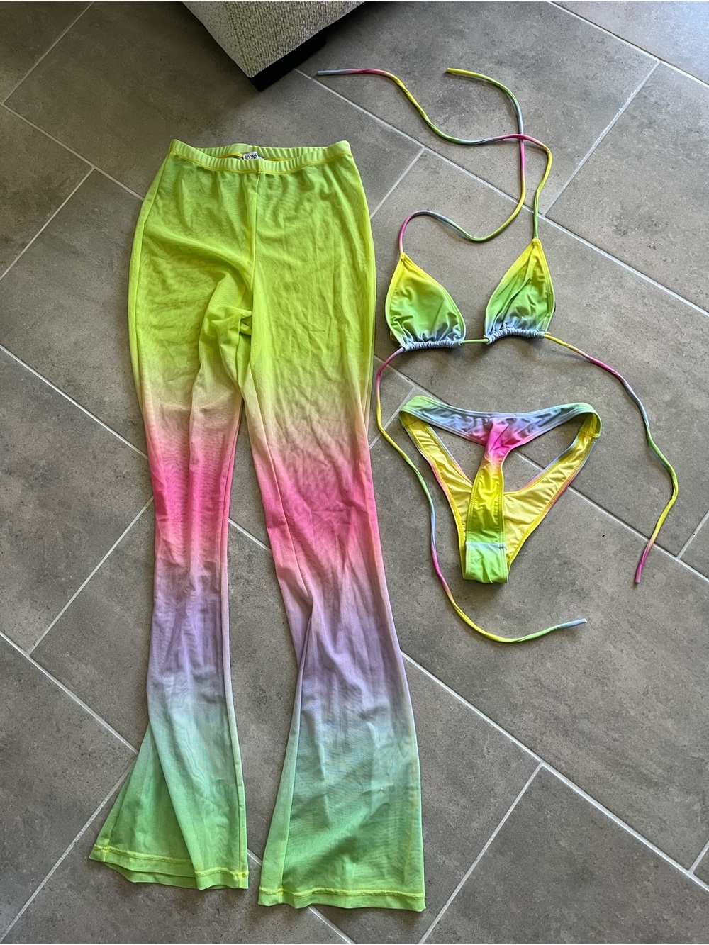 Brand New Icon Brand Neon Ombre Bikini Three Piece Set with Flared Pants